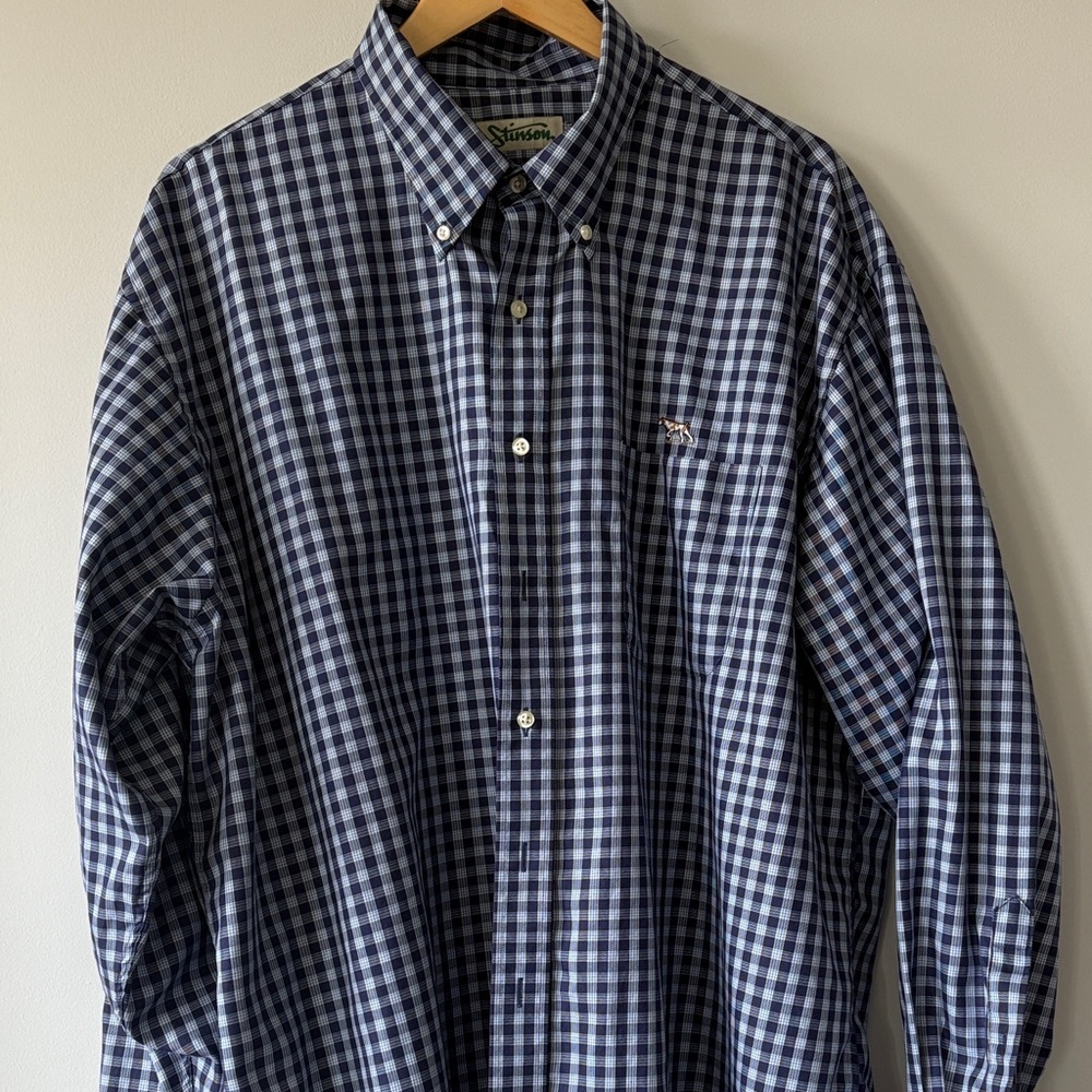 Men's Navy and White Checkered Button-Down Shirt XXL long sleeve